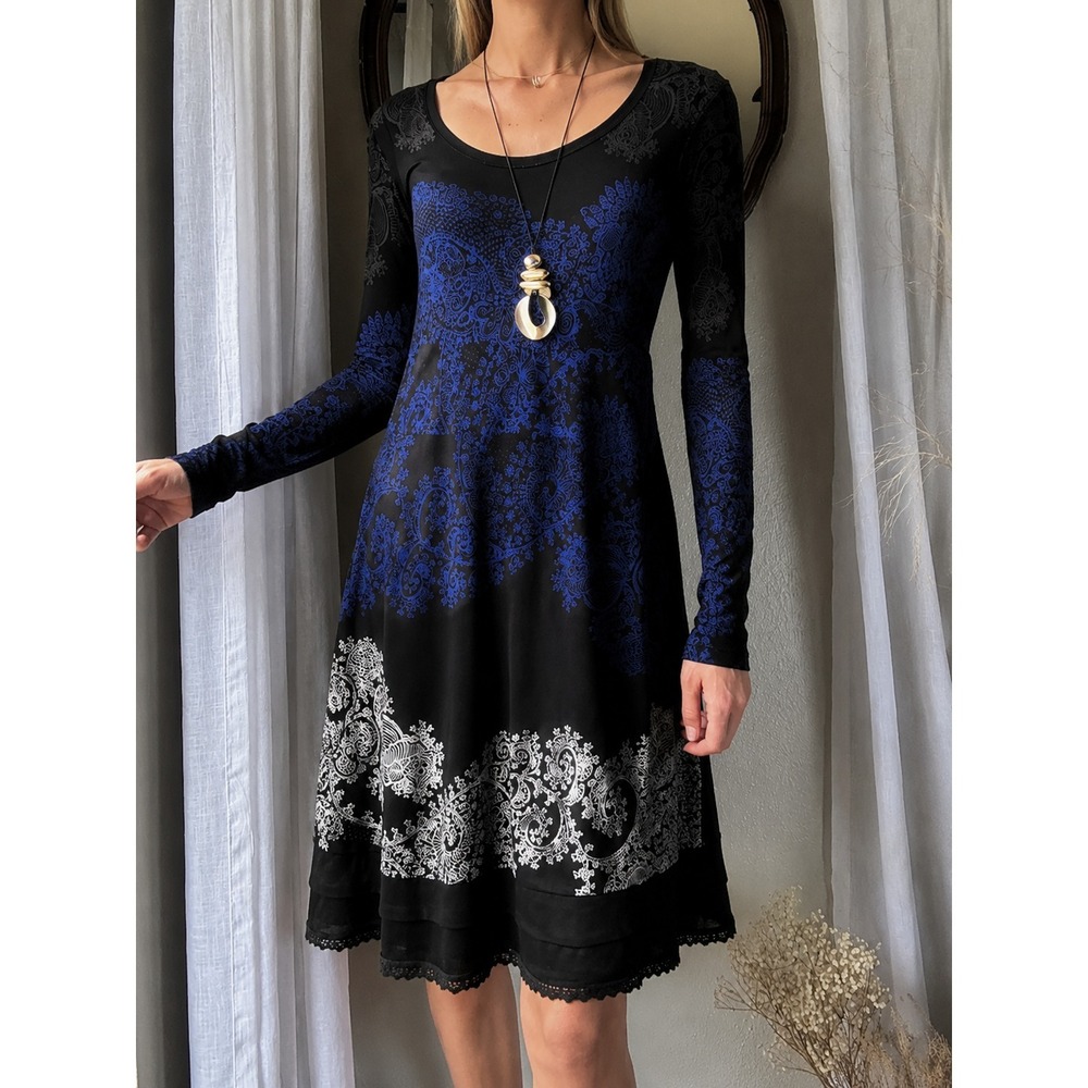 Desigual Y2K Dress Black Paisley Sz M Embroidered Long Sleeve Whimsigoth Euro